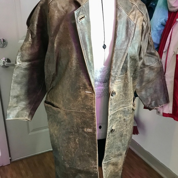Vintage full length real heavy duty leather coat size 14 - 16